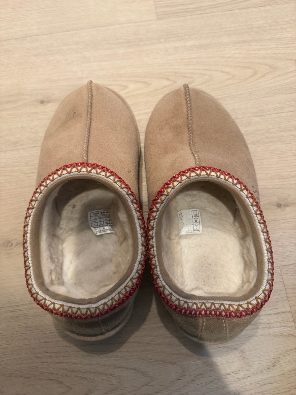 UGG Women's Tan Faux Suede Slip-On Slippers with Red Trim